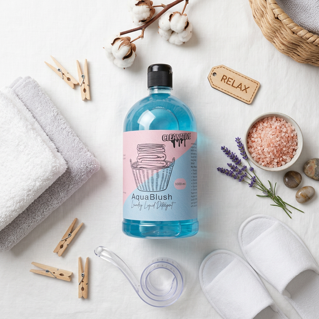 AquaBlush flat lay with laundry and spa elements