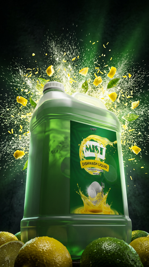 Mist Dishwash Liquid dramatic hero shot with lemon burst