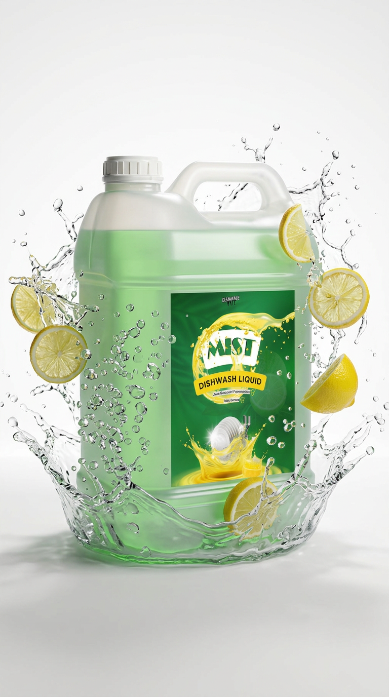 Mist Dishwash Liquid with lemon slices and water splash on white background