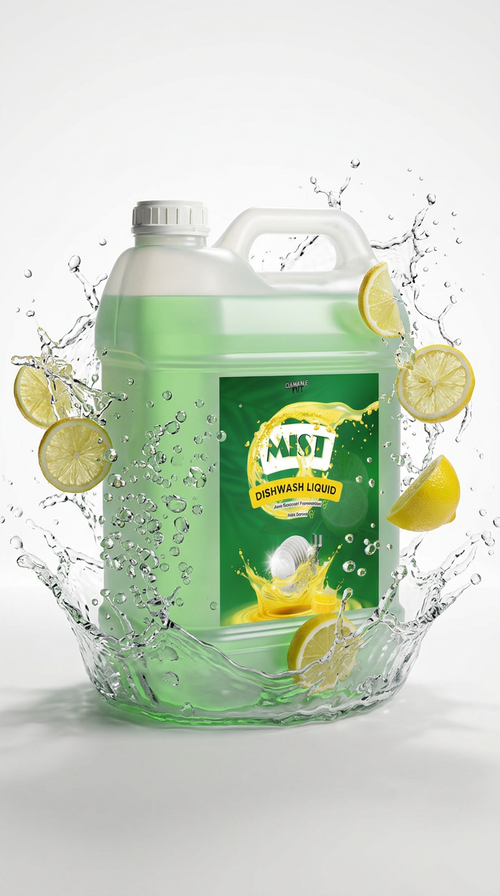 Mist Dishwash Liquid with lemon slices and water splash on white background