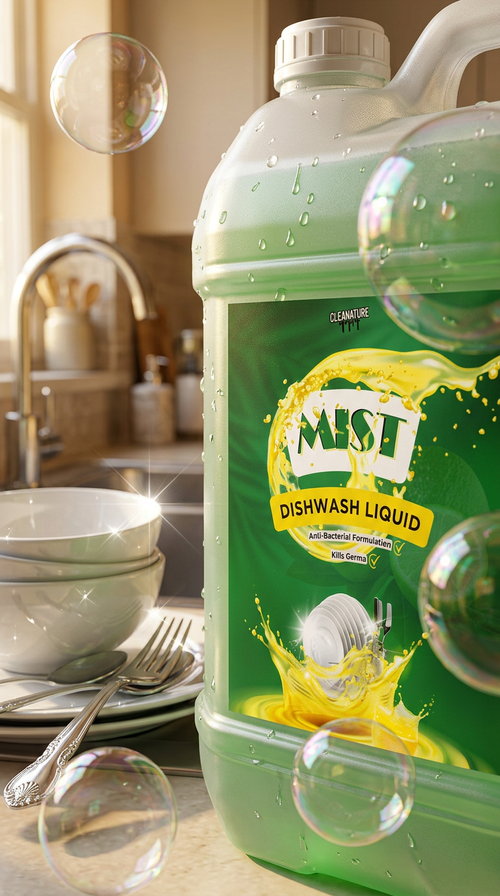 Mist Dishwash Liquid beside sparkling clean dishes with bubbles