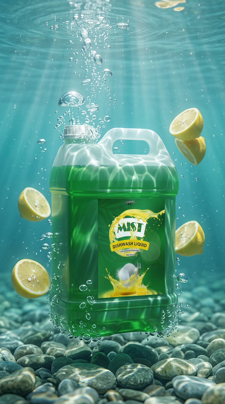Mist Dishwash Liquid underwater scene with lemons and bubbles