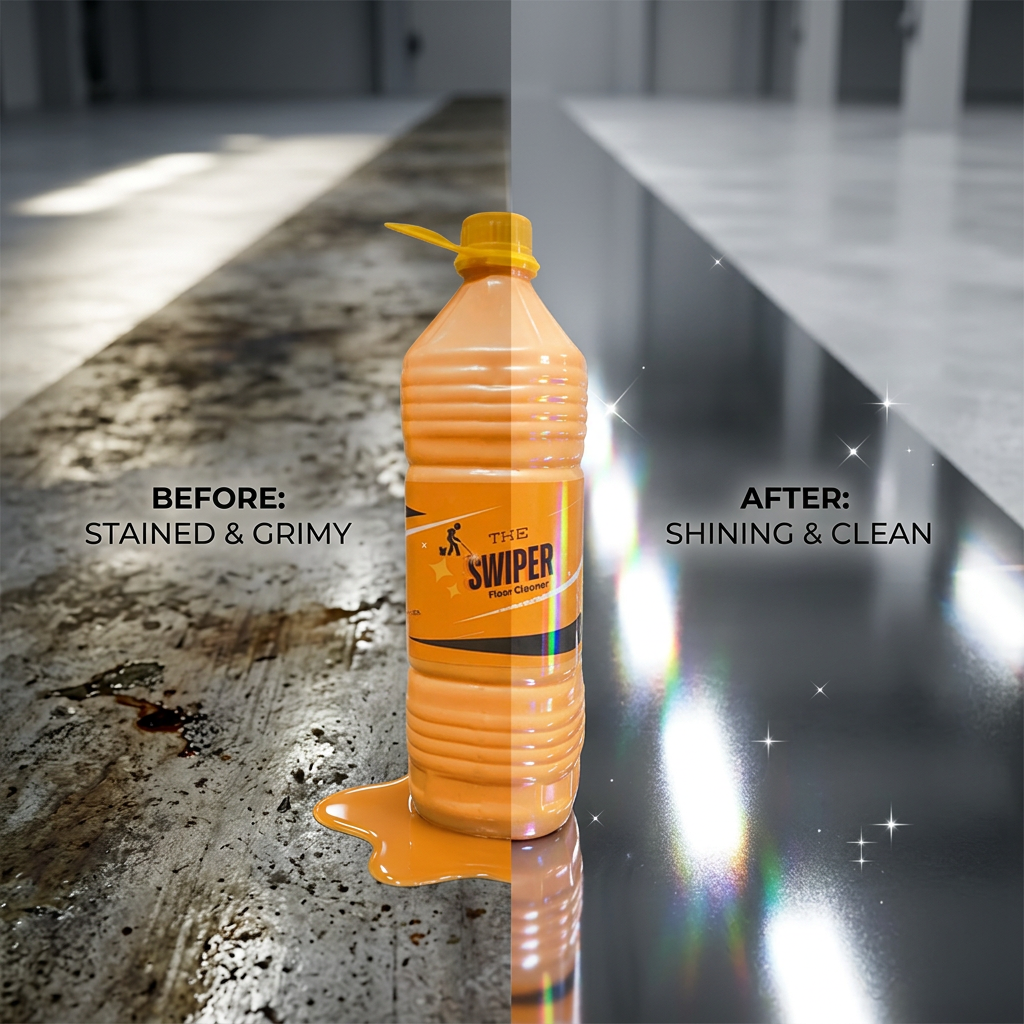 The Swiper Floor Cleaner before and after split screen – stained floor to sparkling clean