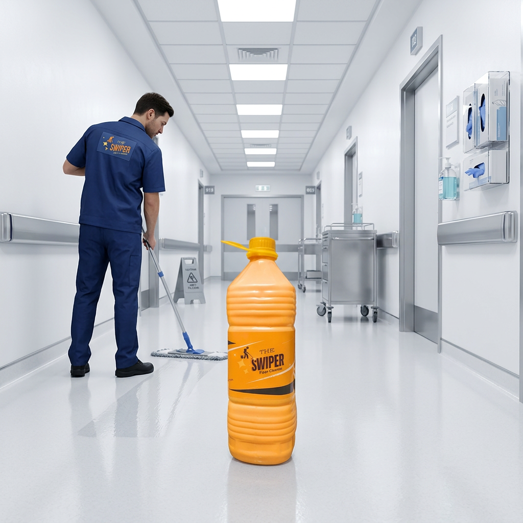 Male janitor mopping hospital corridor floor with The Swiper
