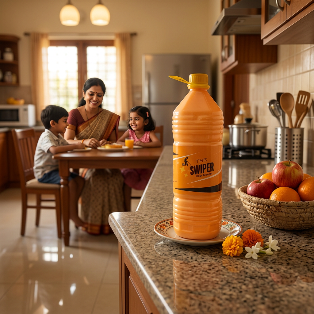 The Swiper Floor Cleaner on kitchen counter with Indian mother and children in background