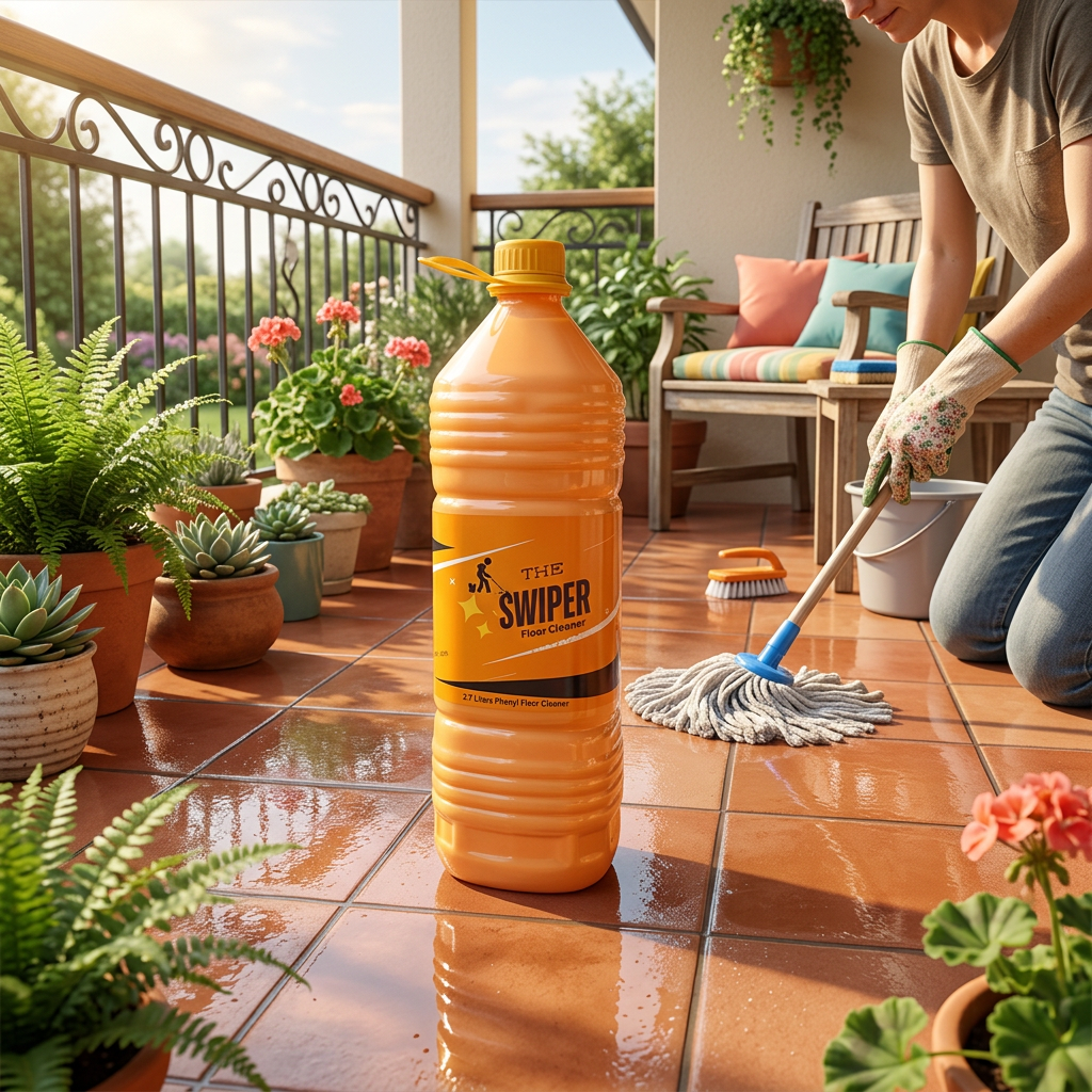 Person cleaning outdoor patio terracotta tiles with The Swiper