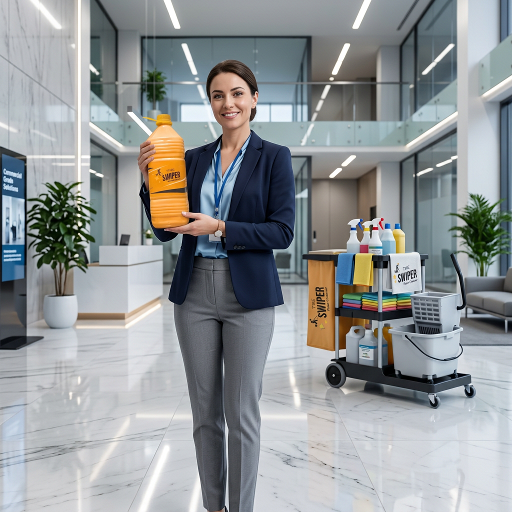 Professional woman holding The Swiper in modern office lobby with polished marble floors