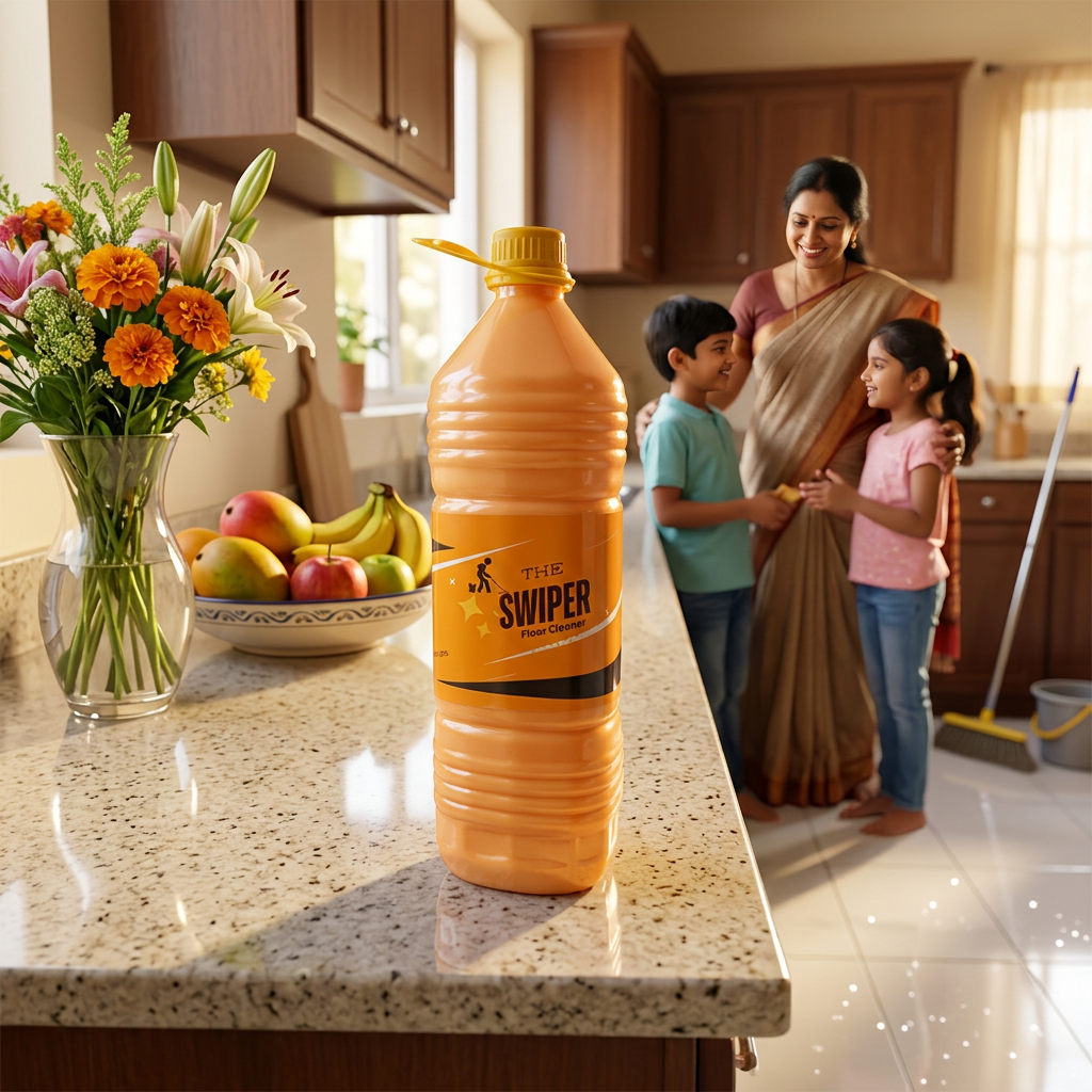 The Swiper Floor Cleaner on kitchen counter with happy Indian family in background