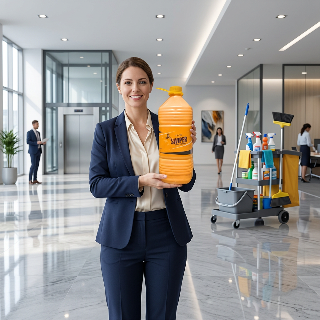 Professional woman holding The Swiper in corporate office lobby