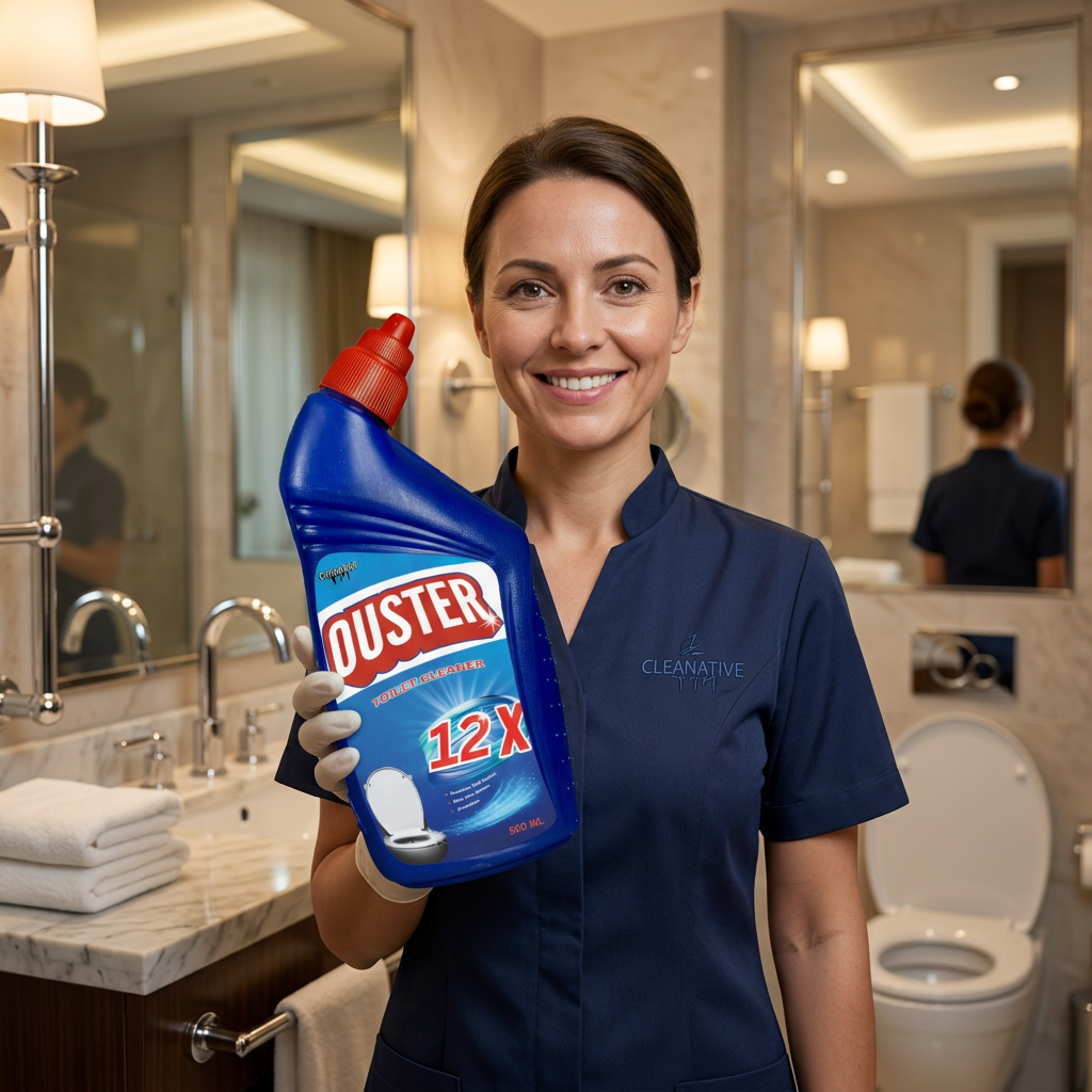 Professional cleaner holding Ouster 12X in hotel bathroom