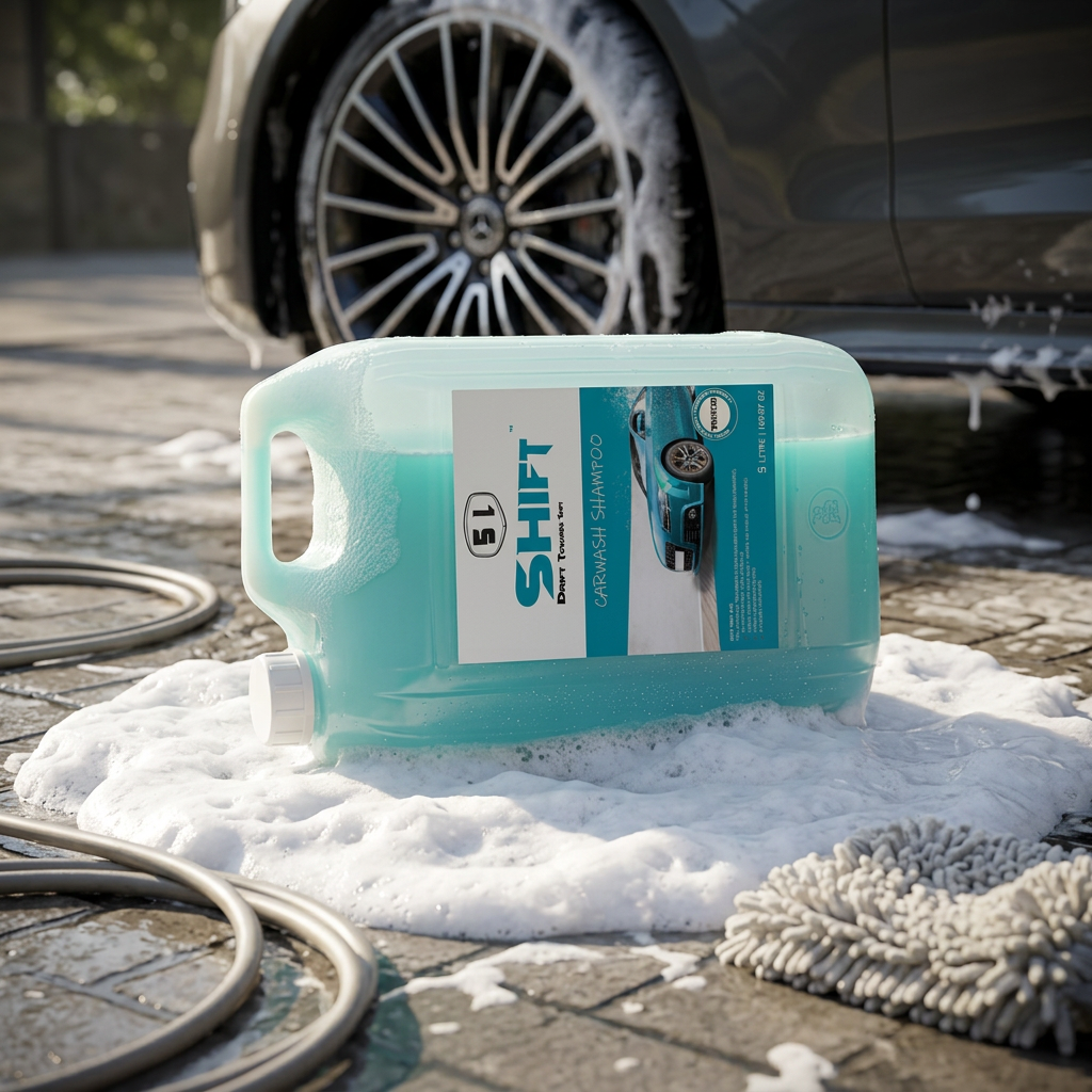Shift Carwash Shampoo 5L laying on side outdoor car wash setting
