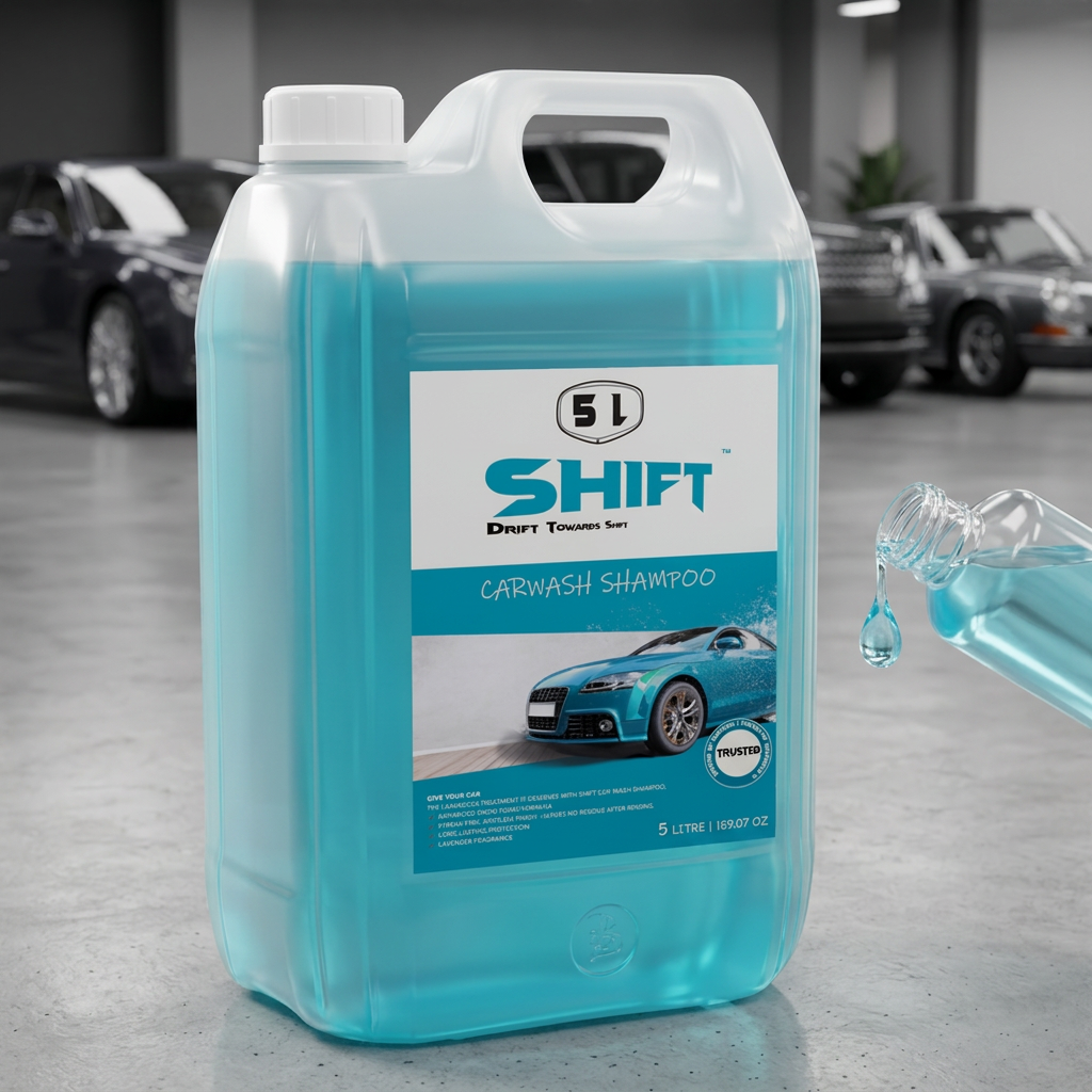 Shift Carwash Shampoo 5L with droplet being poured, multiple cars in background