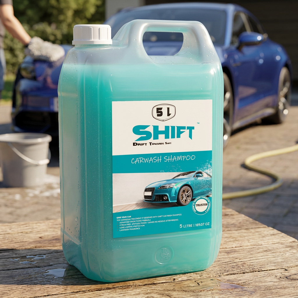 Shift Carwash Shampoo 5L sunny outdoor setting with luxury car being washed