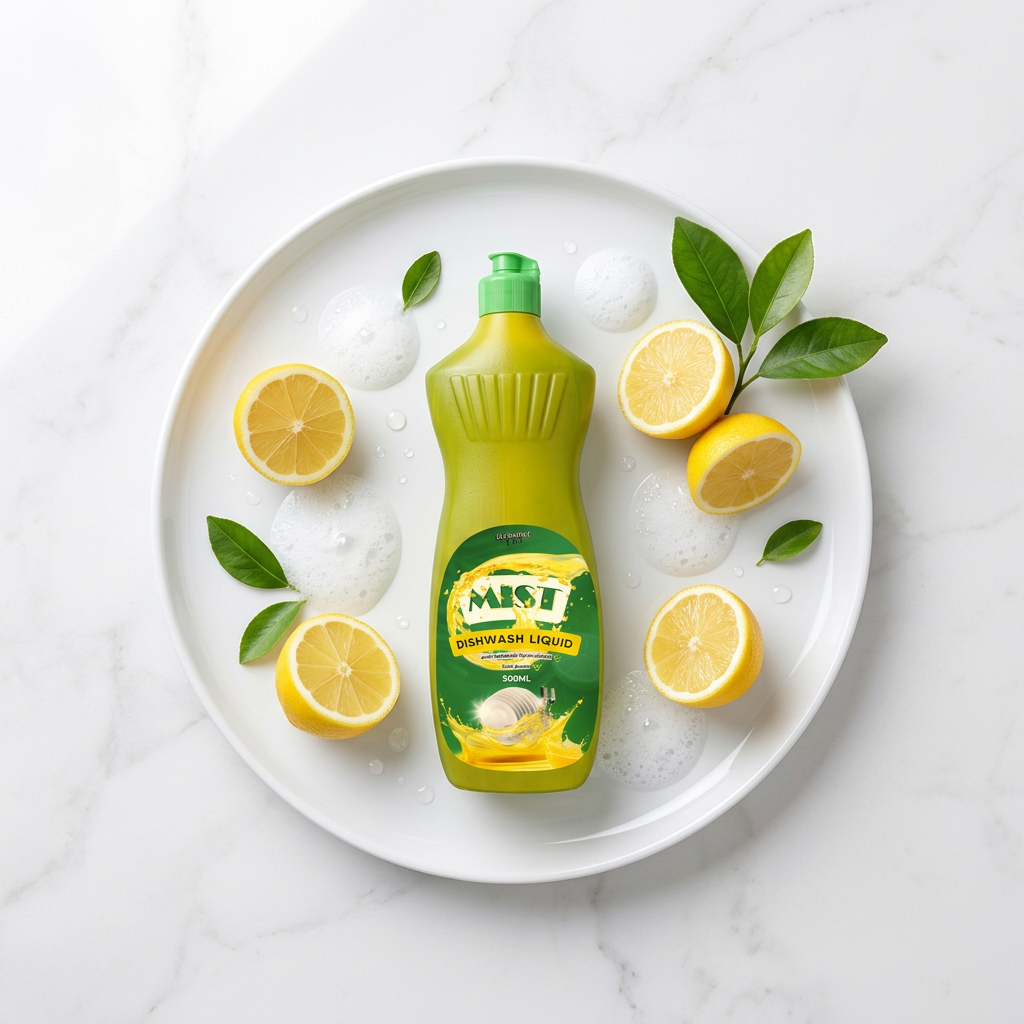 Mist 500ml flat lay top-down with lemons and foam