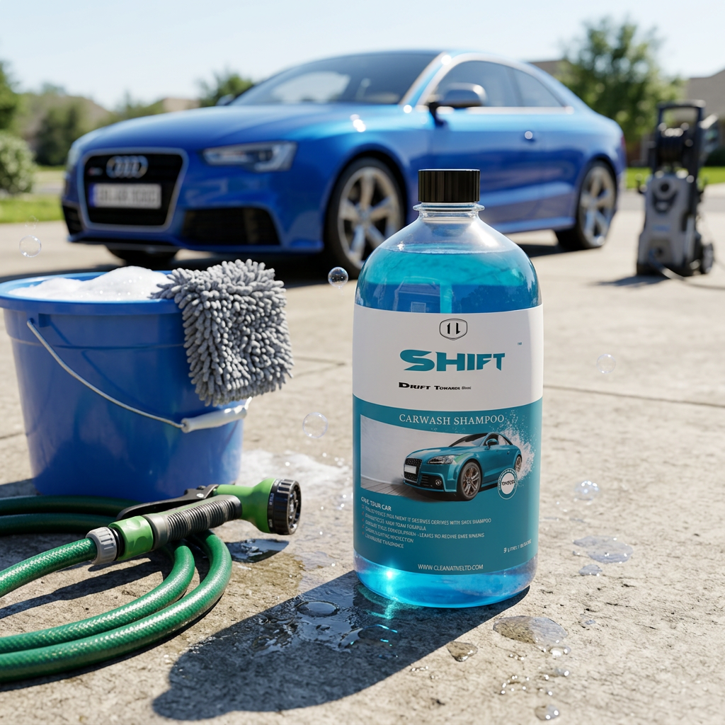 Shift Carwash Shampoo outdoor sunny setting with blue Audi and hose