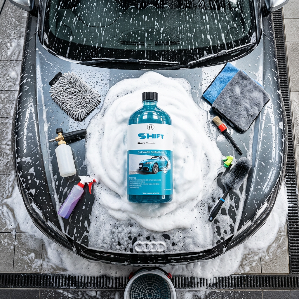 Shift Carwash Shampoo top-down on foamy car hood with accessories