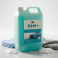 Shift Carwash Shampoo 5L with microfibre cloths on white background