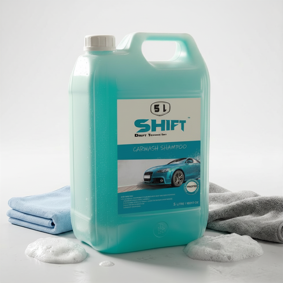 Shift Carwash Shampoo 5L with microfibre cloths on white background