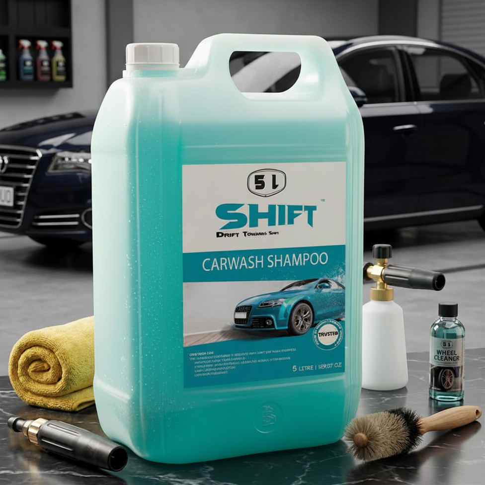 Shift Carwash Shampoo 5L dark dramatic background with foam and water splash